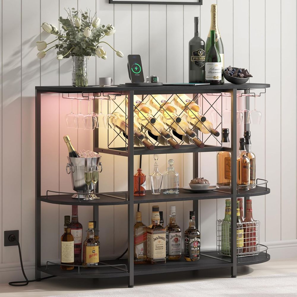 Home Bar And Kitchen - Black 3-Tier Coffee Table with Wine